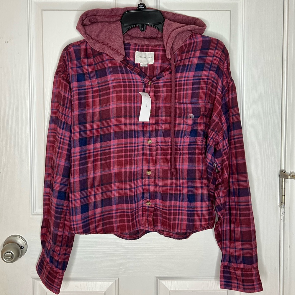 American Eagle Cropped Flannel Button Up Hoodie